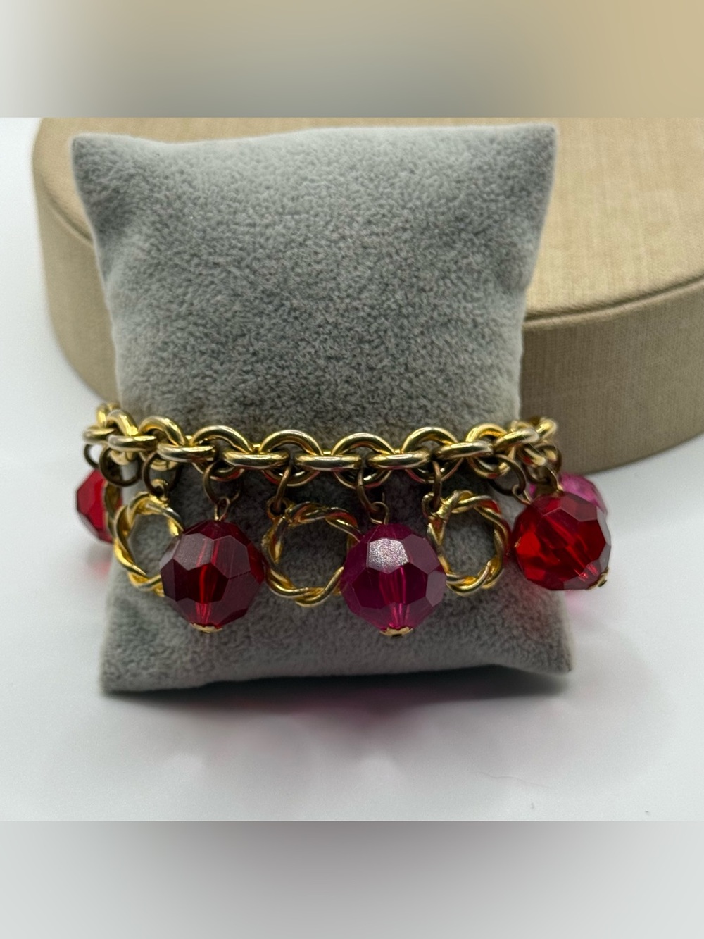 Gold Chain Charm Bracelet with pink plastic Crystal Beads